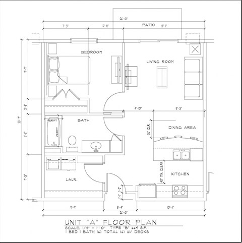 Floor plan for 1 bed, 1 bath, 681 sqft
